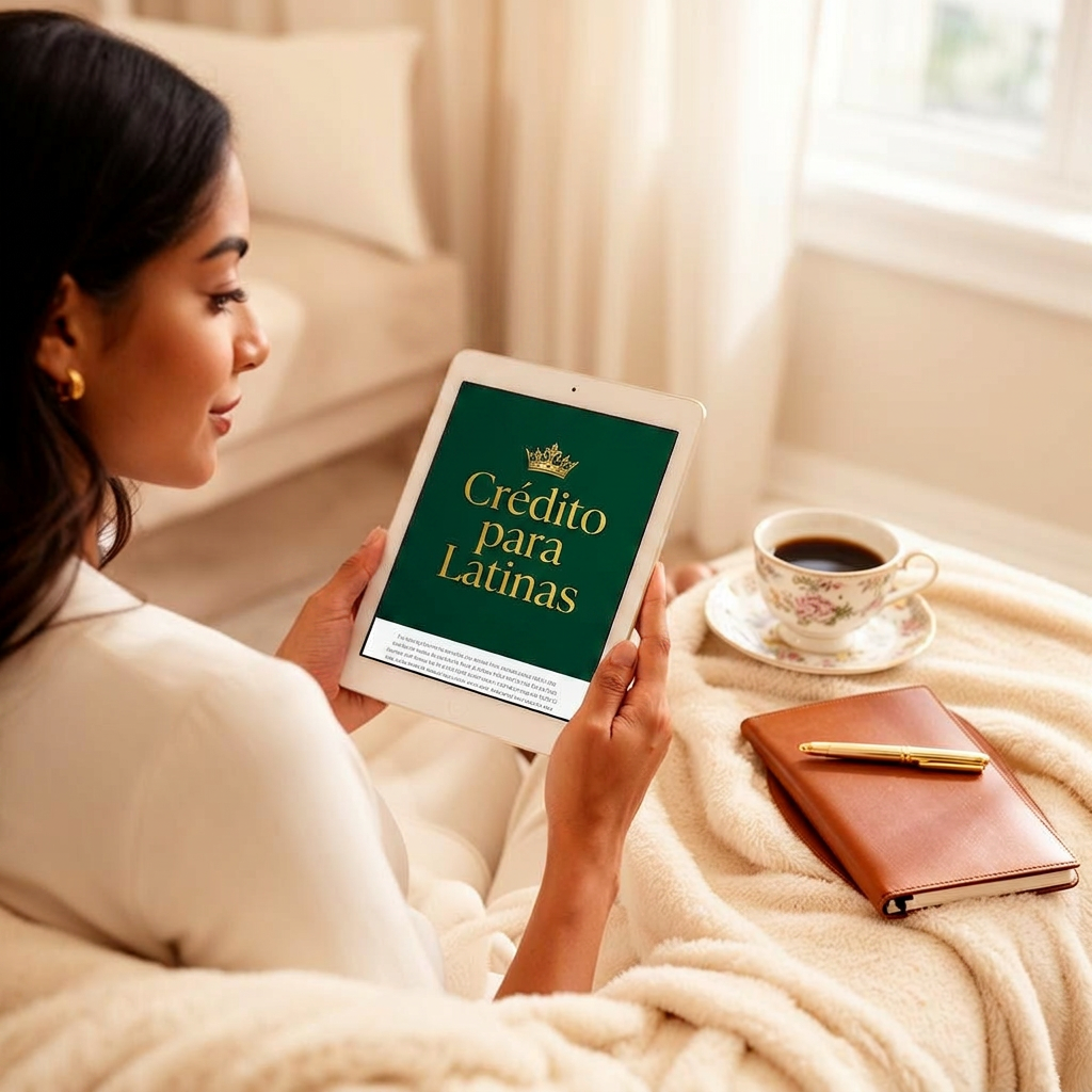 Mujer latina leyendo el ebook Crédito para Latinas en su tablet desde casa