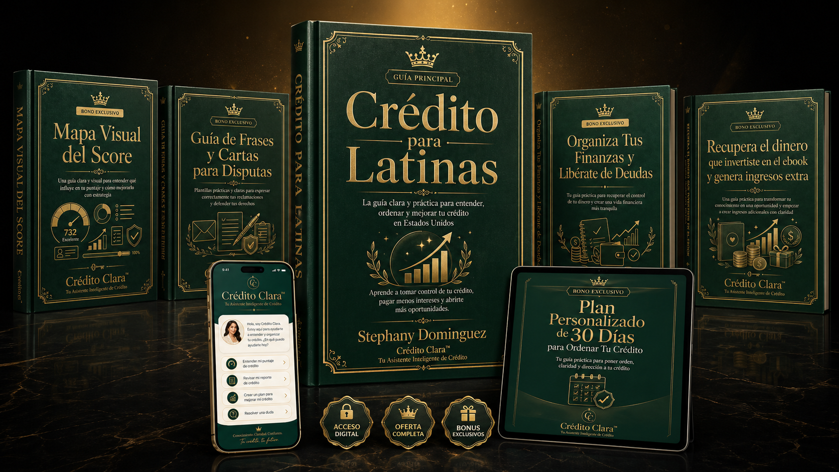 Crédito para Latinas — ebook principal con 6 bonos exclusivos, audiolibro y app Crédito Clara IA