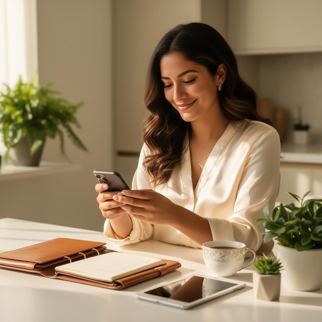 Mujer latina sonriendo con calma y confianza, viendo su crédito organizado en su teléfono